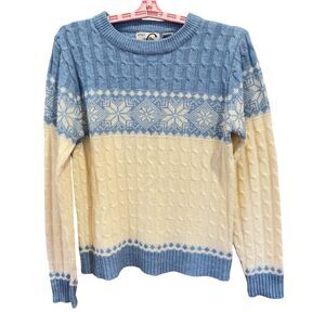 Vtg 80s Snowflake Nordic Pattern Sweater Cable Knit Unisex Men S/Women L Blue
